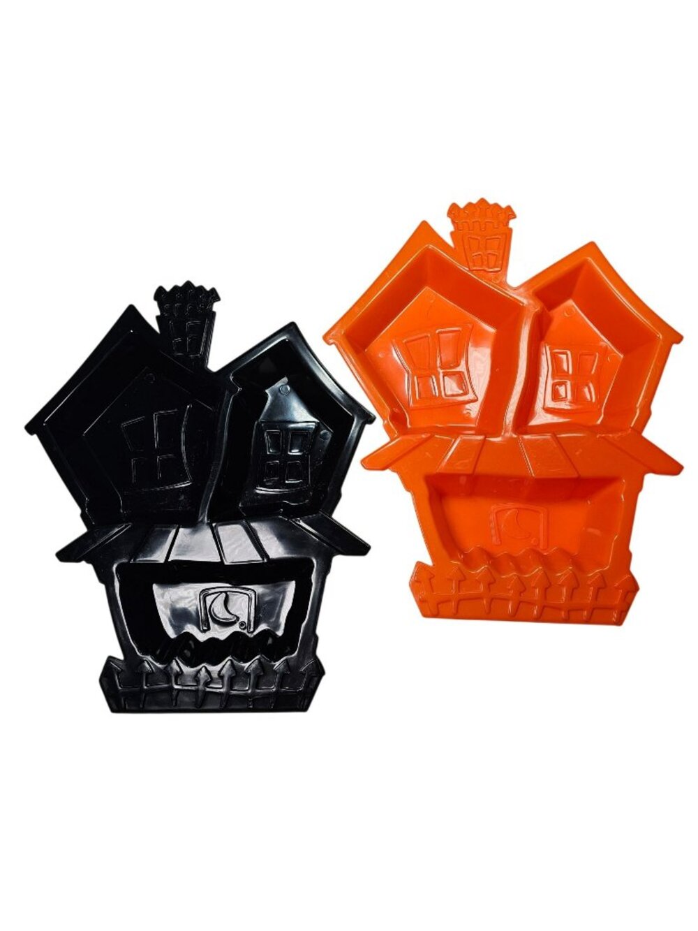 Set of 2 Halloween Haunted House Plastic Serving Trays 12x10" Black & Orange